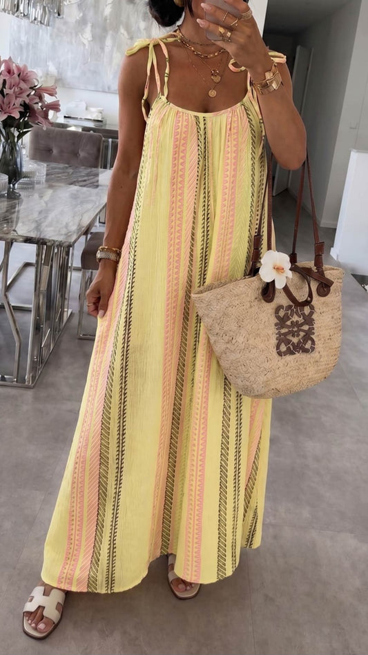 ARISHA - Tie Up Aztec Print Maxi Dress Yellow