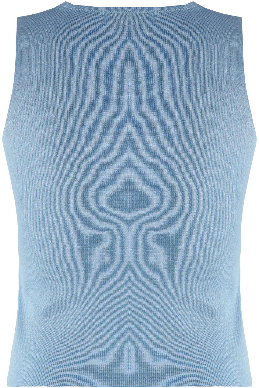 ELSIE - Fine Knit V Neck Top Gold Detail Blue