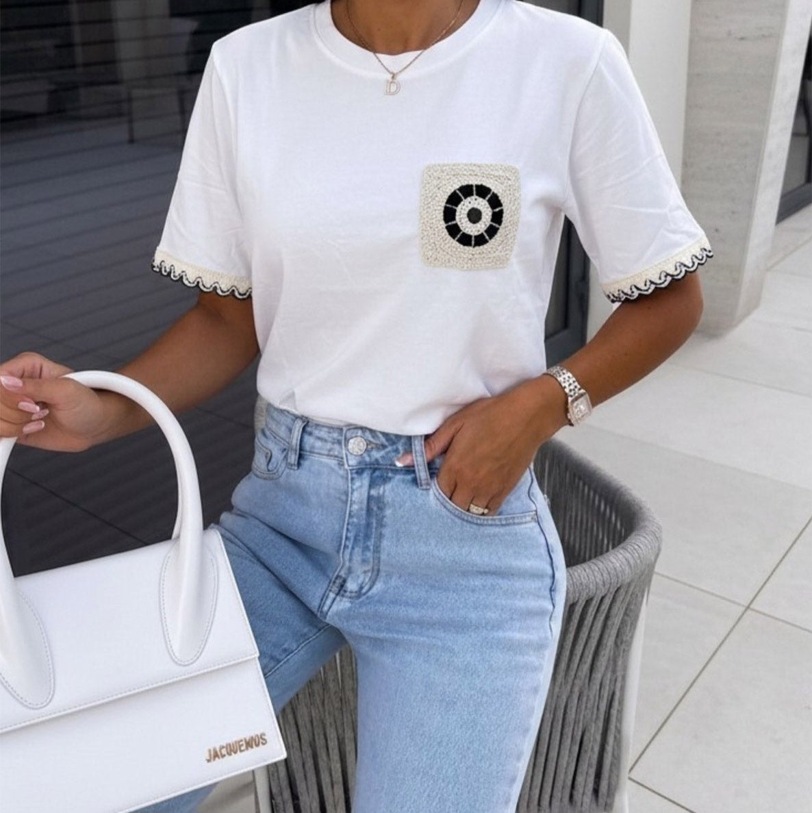 TATE - Crochet Applique Pocket Cotton Tee