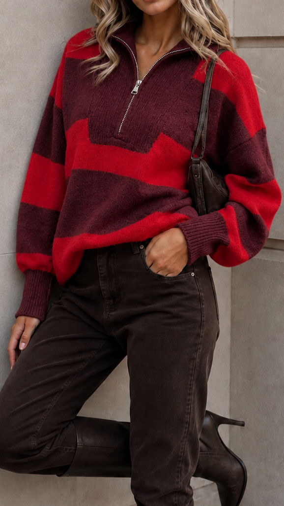 ELANA - Broad Stripe Zip Neck Jumper