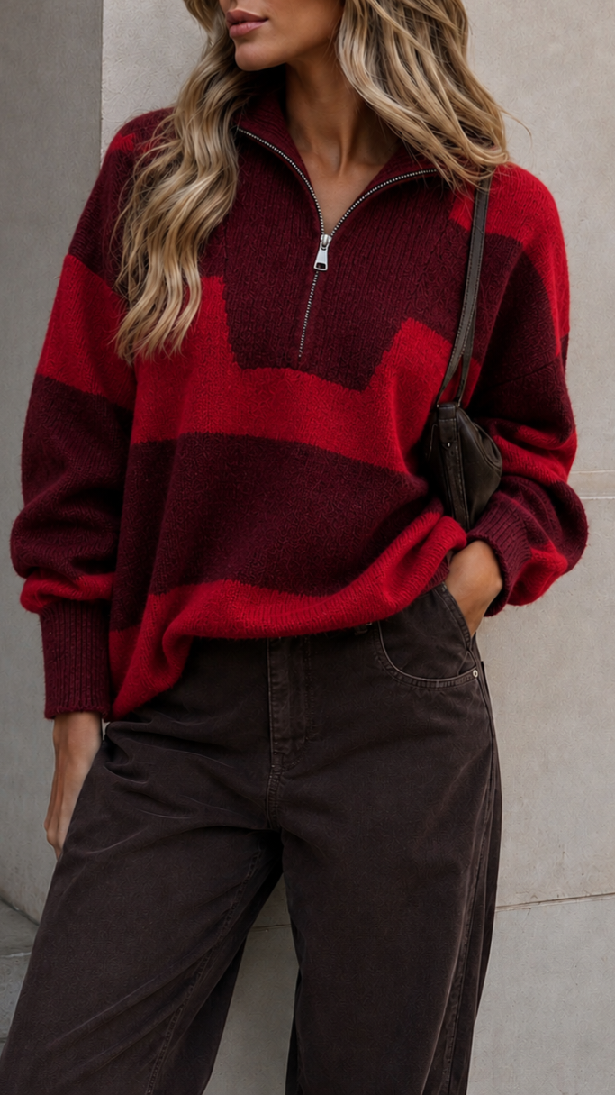 ELANA - Broad Stripe Zip Neck Jumper