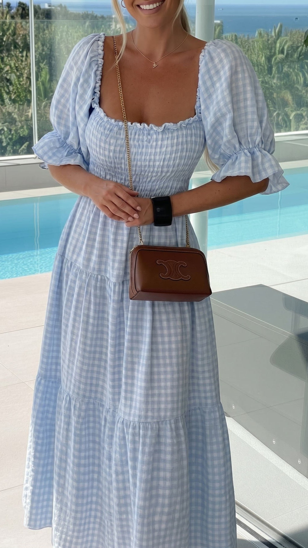 VIOLA - Gingham Puff Sleeve Tiered Maxi Dress