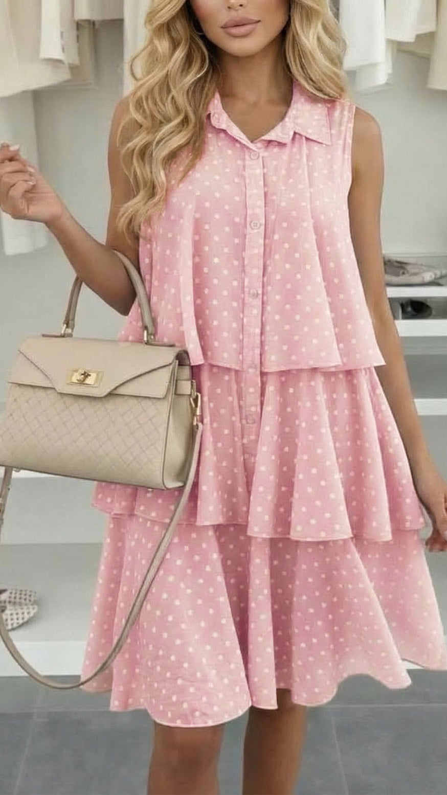 MATILDA - Polka Dot Tiered Button Dress Pink