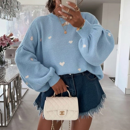 MALIKA - Heart Knitted Jumper Blue