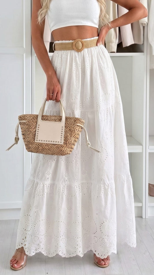 DARBY - Broderie Belted Tiered Maxi Skirt