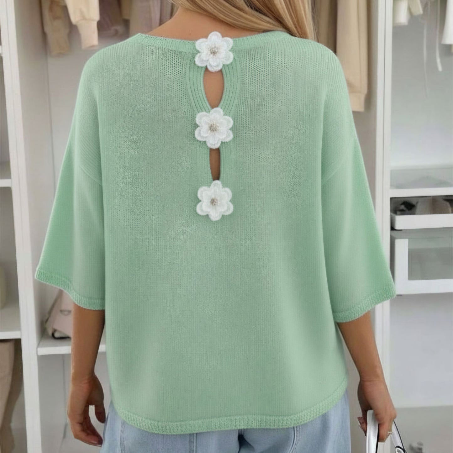 PHOEBE - Floral Applique Lightweight Open Knit Jumper