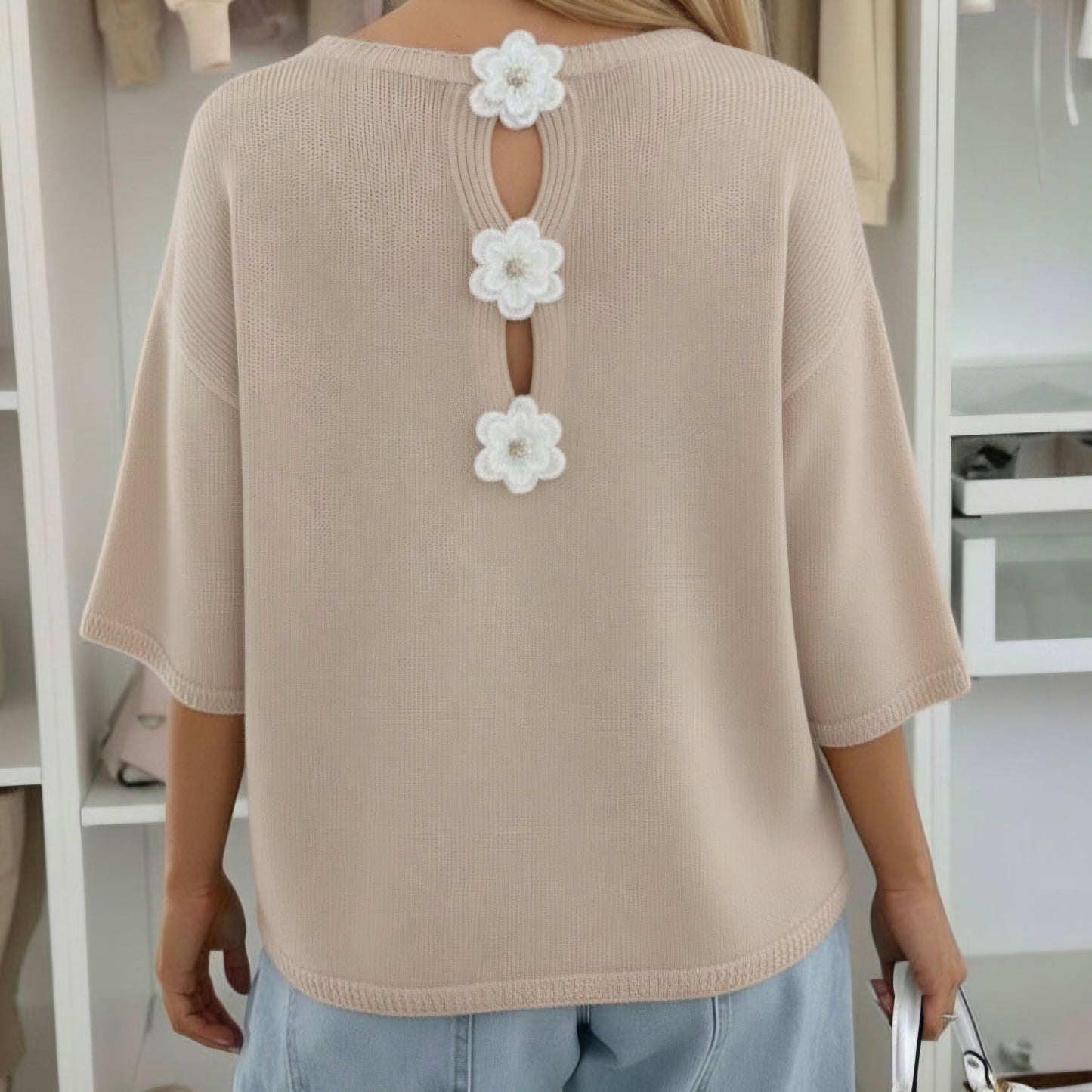 PHOEBE - Floral Applique Lightweight Open Knit Jumper Stone