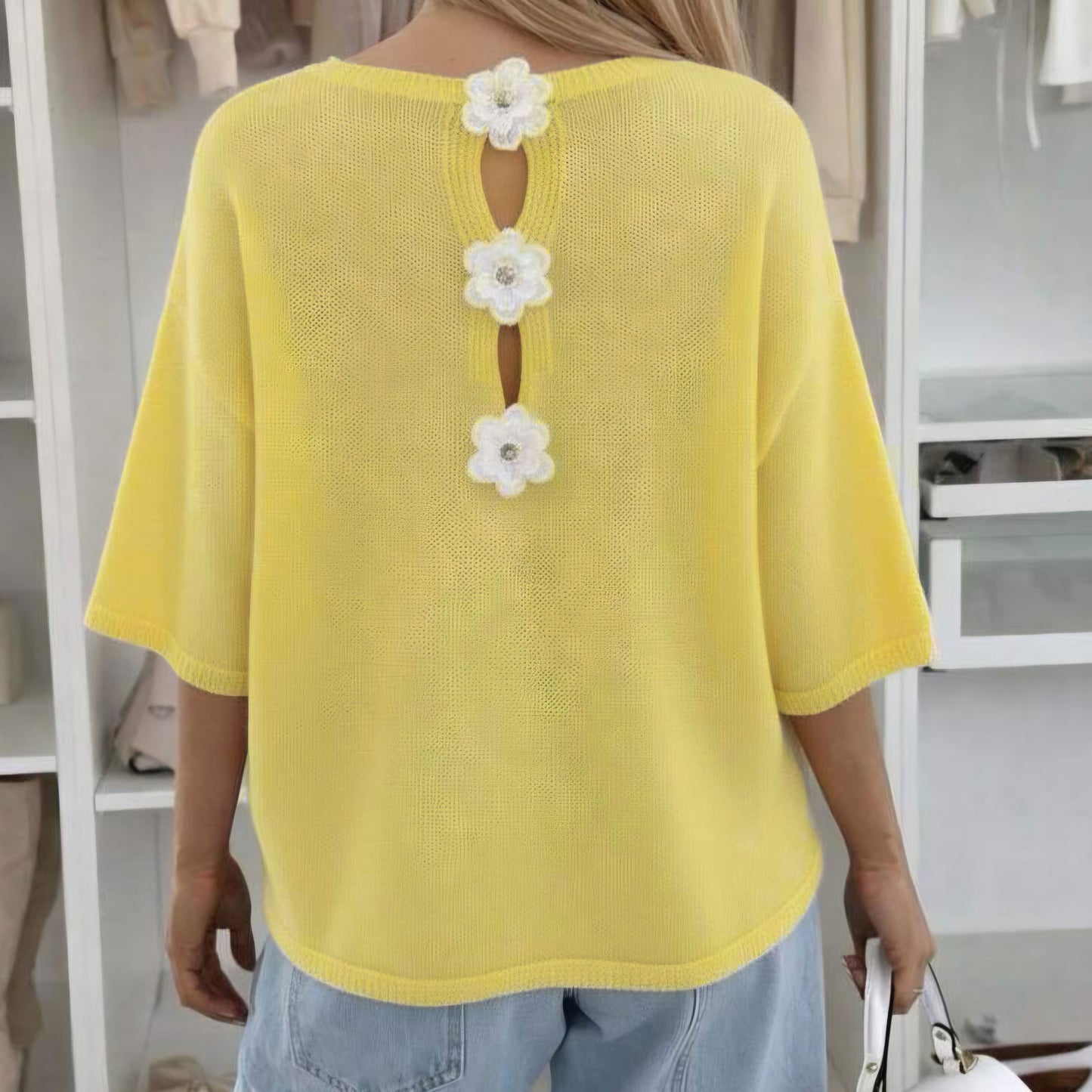 PHOEBE - Floral Applique Lightweight Open Knit Jumper Yellow