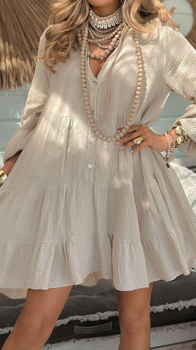 LEONIE - Cotton Cheesecloth Smock Dress Stone