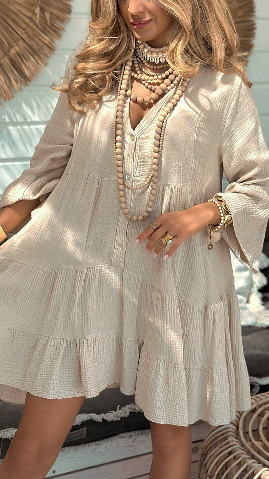 LEONIE - Cotton Cheesecloth Smock Dress Stone