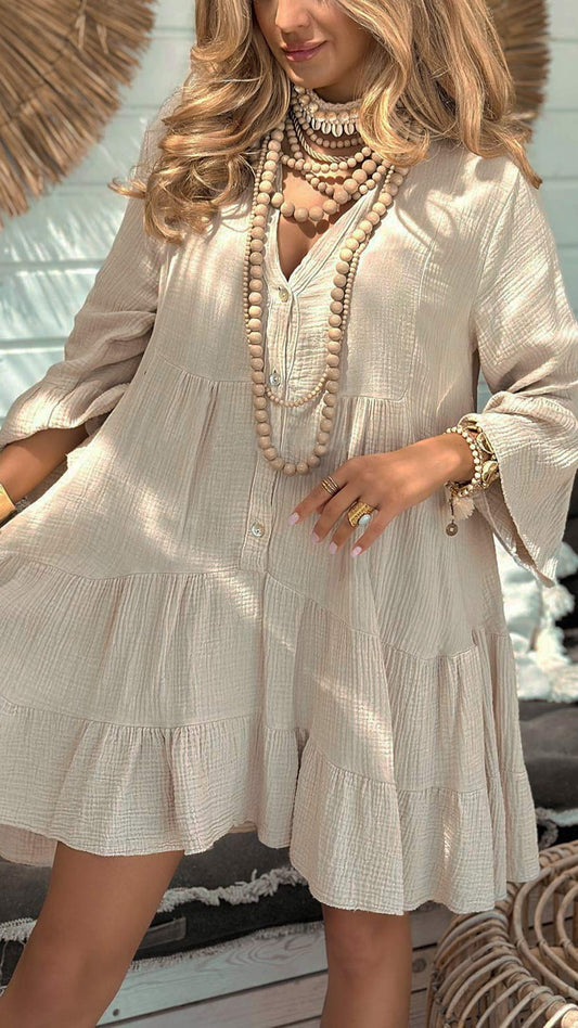 LEONIE - Cotton Cheesecloth Smock Dress Stone