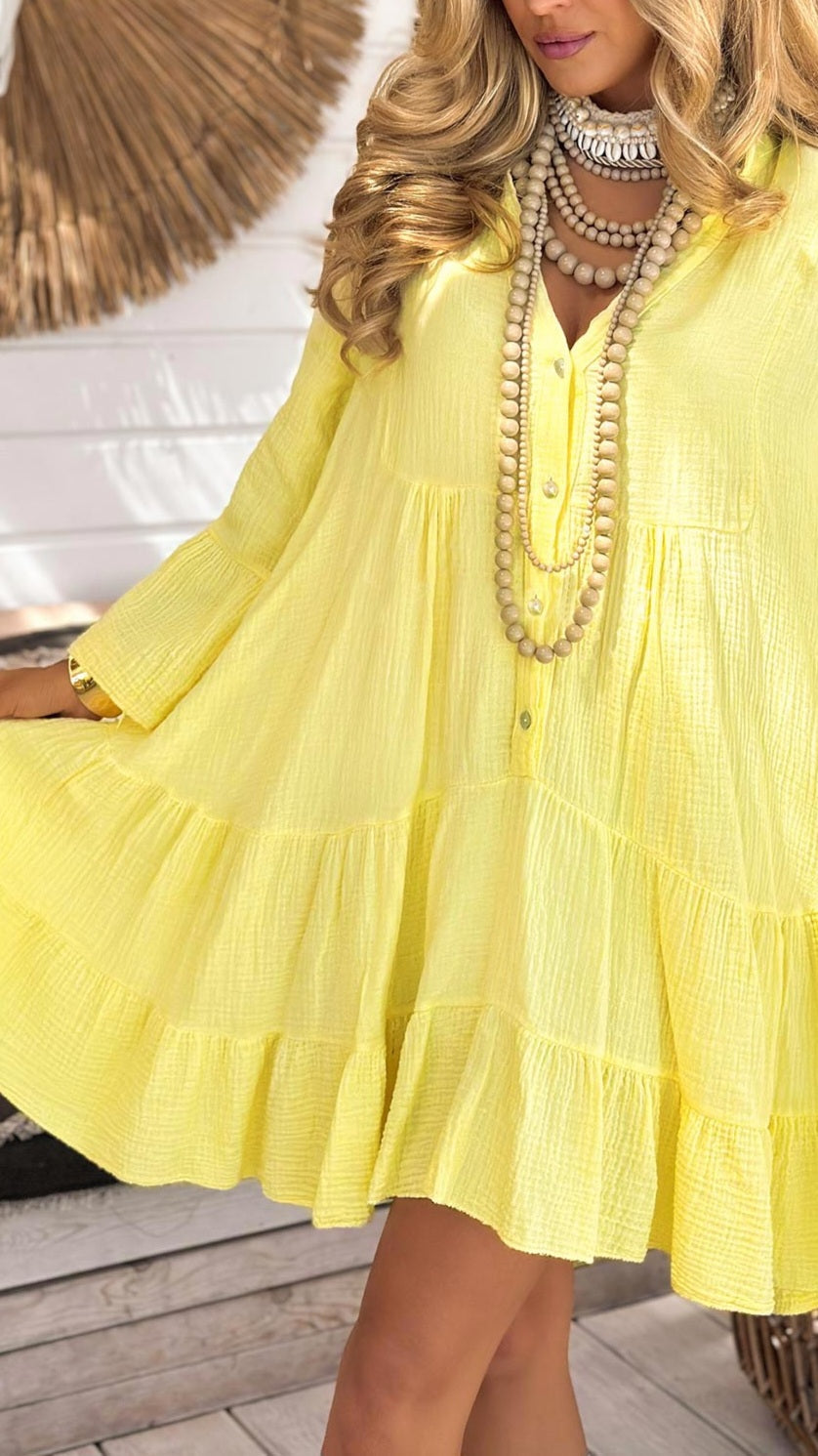 LEONIE - Cotton Cheesecloth Smock Dress Yellow