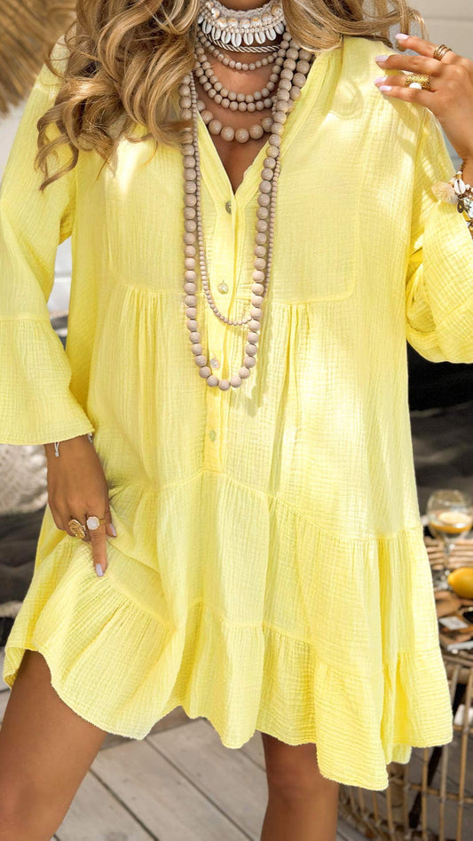 LEONIE - Cotton Cheesecloth Smock Dress Yellow