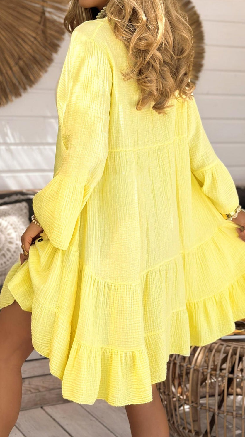 LEONIE - Cotton Cheesecloth Smock Dress Yellow