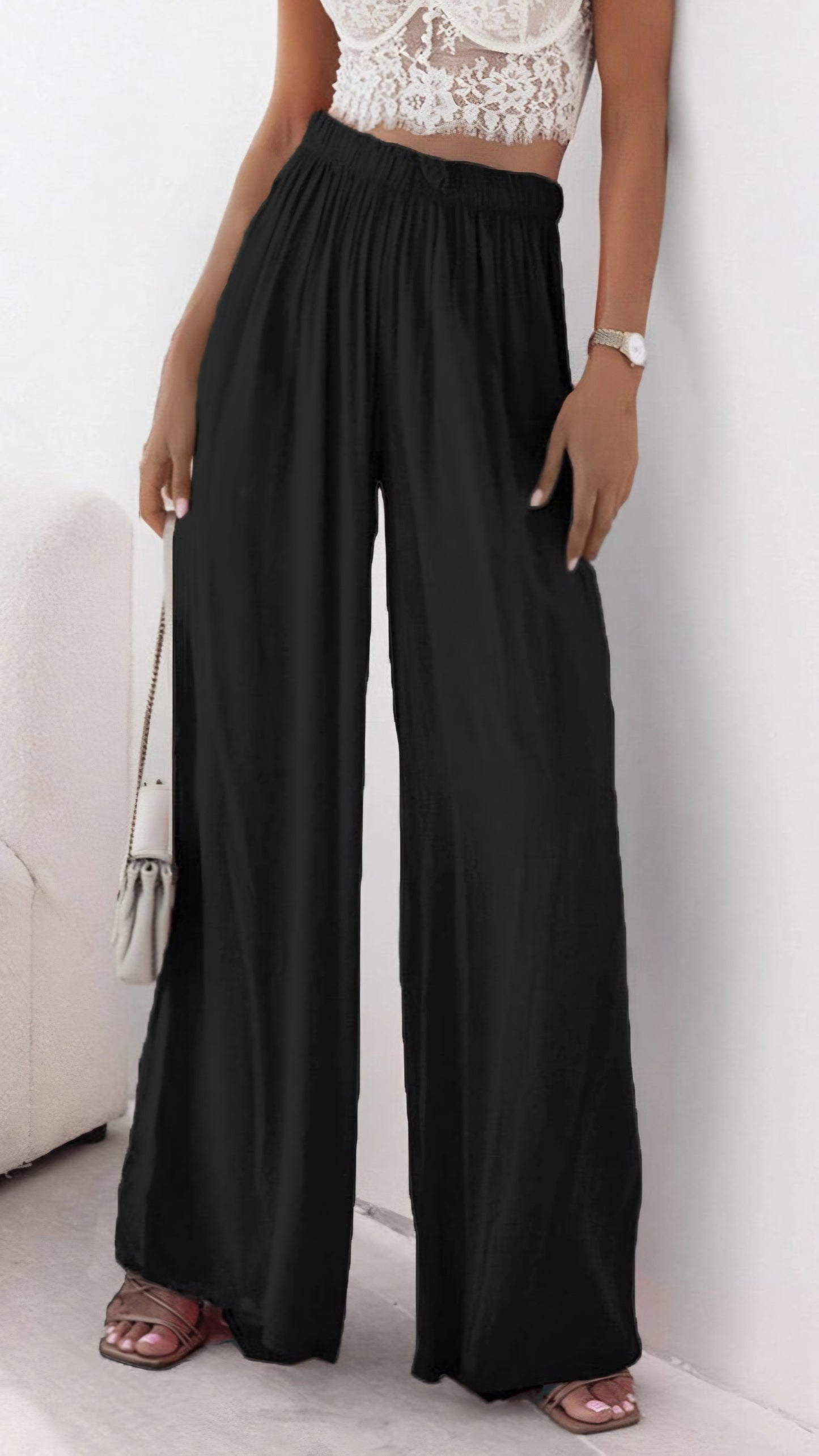 HANA - Satin Feel High Waisted Trousers Black