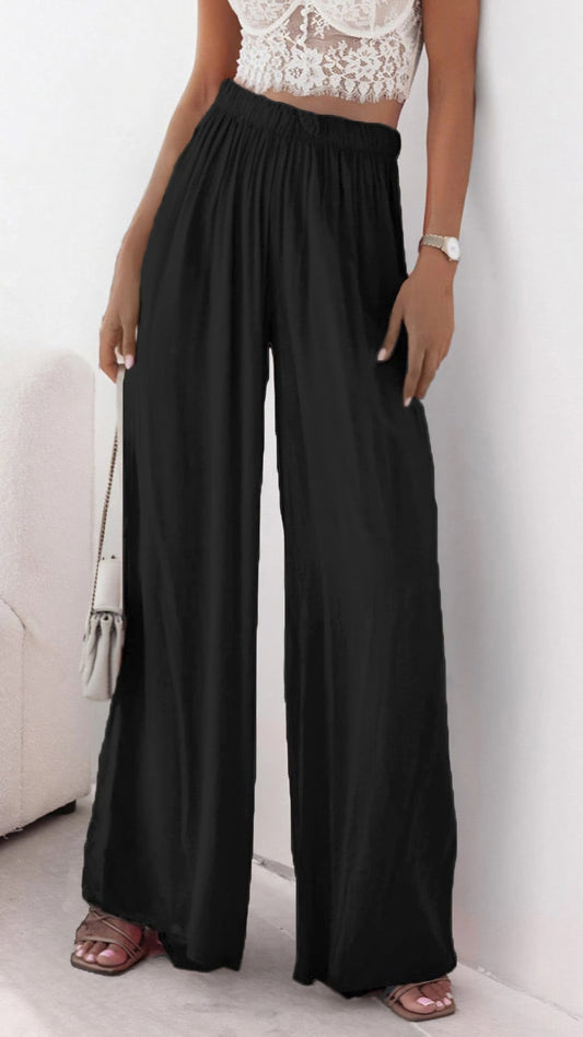 HANA - Satin Feel High Waisted Trousers Black