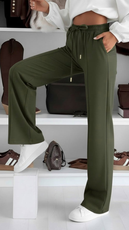 SARAH - Super Soft Elasticated Waist Straight Leg Joggers Khaki