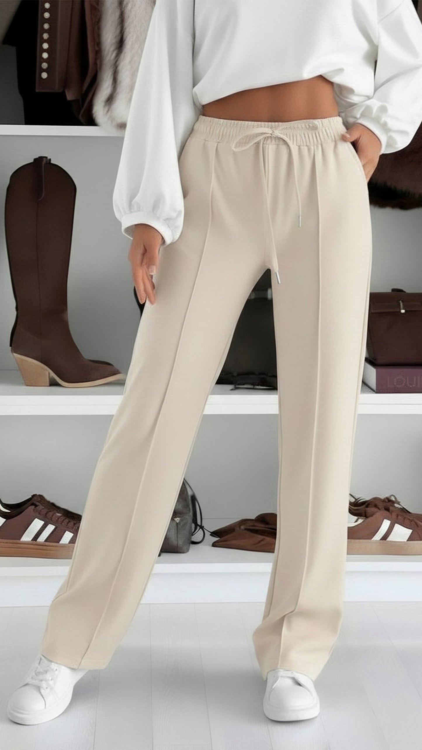 SARAH - Super Soft Elasticated Waist Straight Leg Joggers Stone