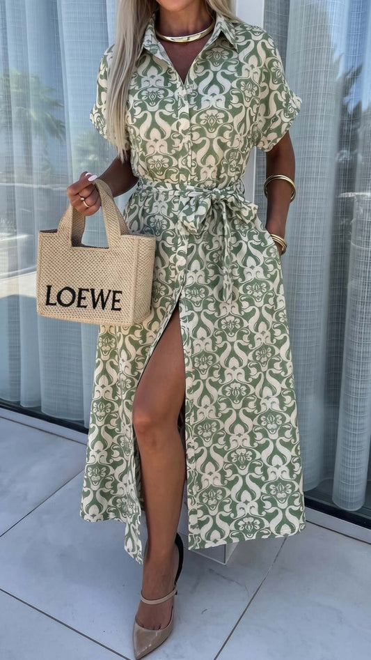 ROMY - Mediterranean Print Belted Shirt Midaxi Dress Sage