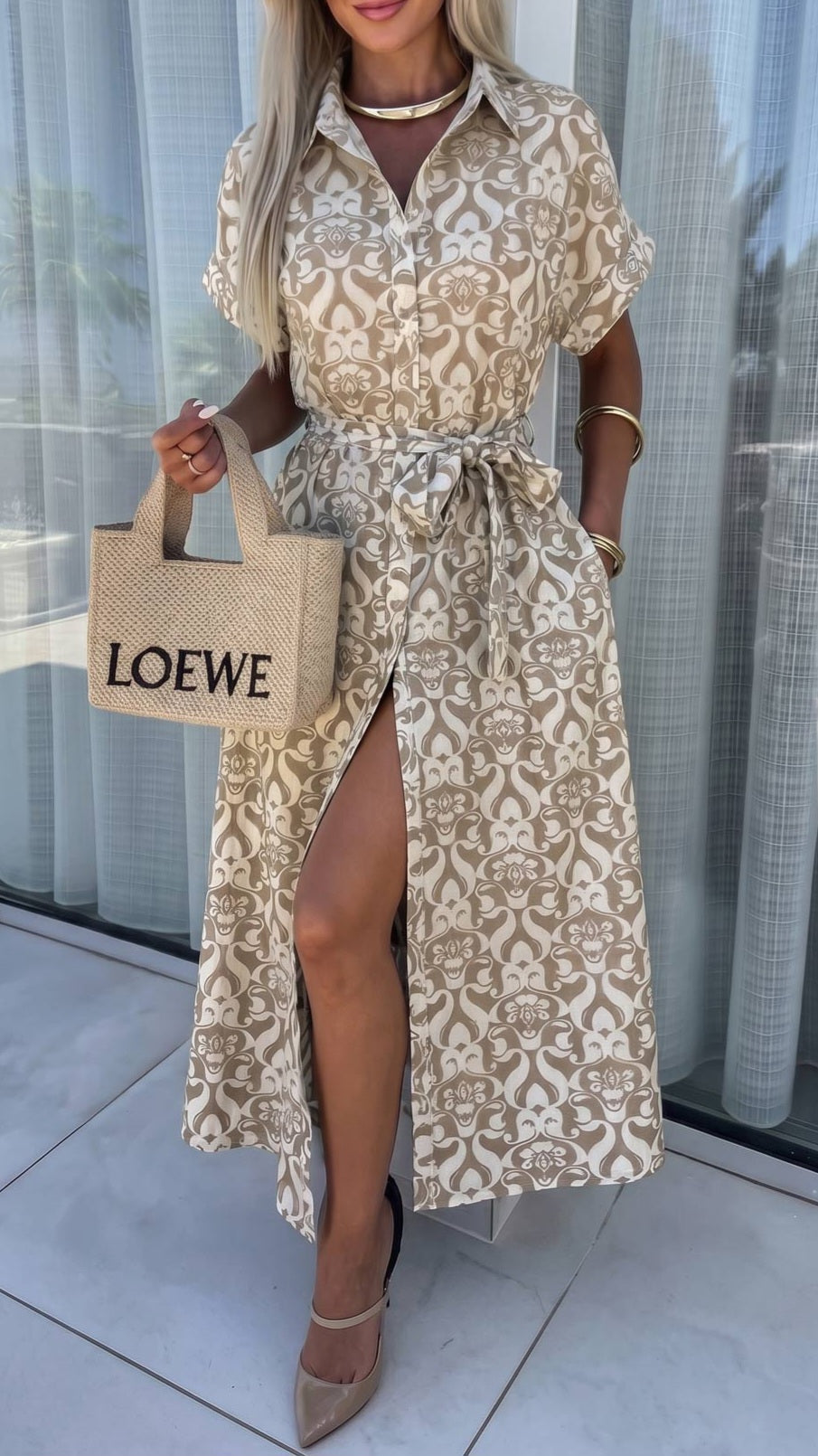 ROMY - Mediterranean Print Belted Shirt Midaxi Dress Stone