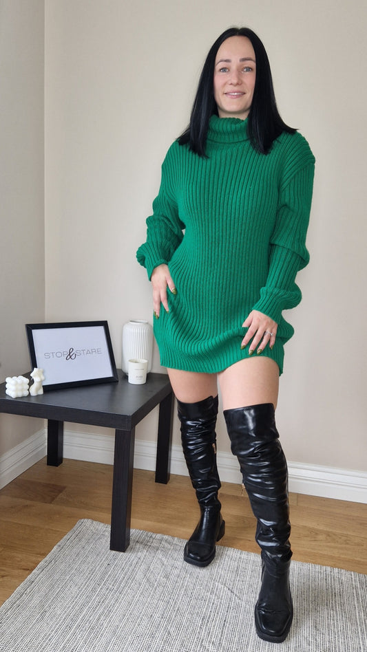 FREYA RIBBED KNITTED ROLL NECK DRESS GREEN