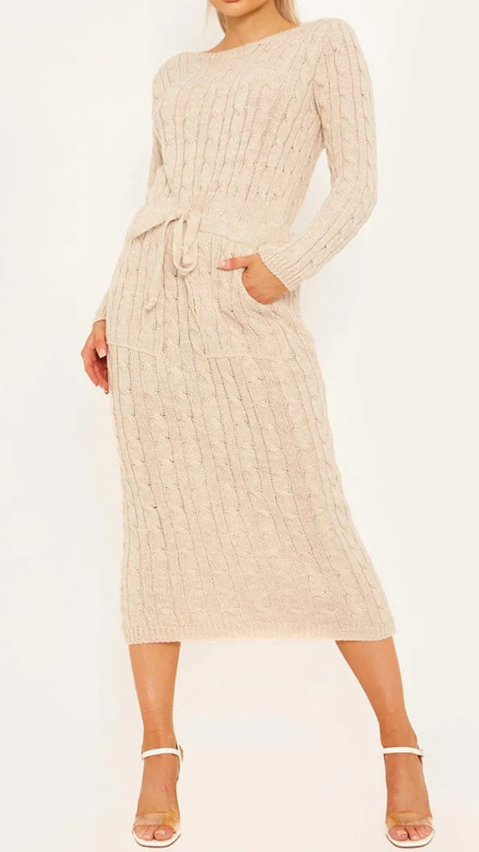 HARPER CABLE KNIT DRAWSTRING WAIST DRESS