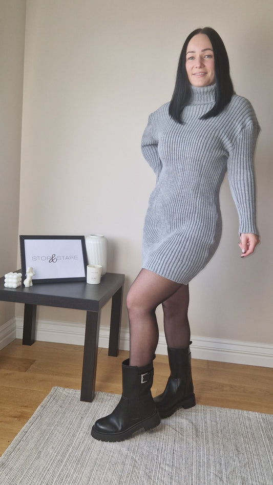 FREYA RIBBED KNITTED ROLL NECK DRESS GREY