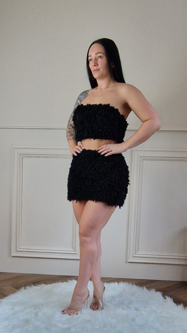 LINA - Shaggy Fur Bandeau Crop Top & Mini Skirt