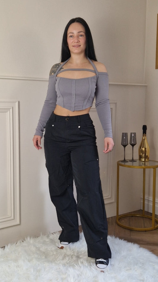WYNTER - Ribbed Off Shoulder Top Charcoal