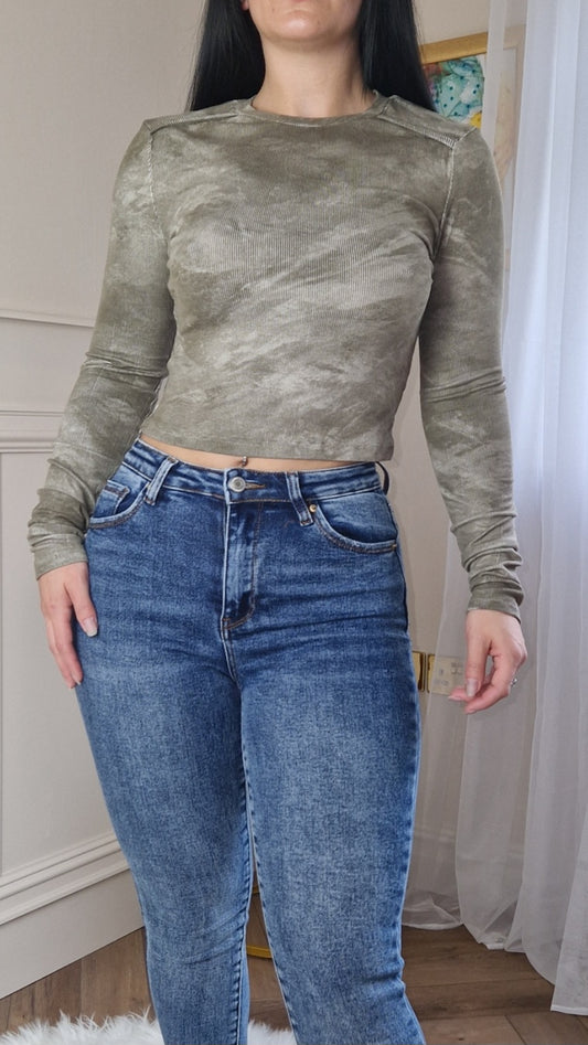 KAYLEE - Raw Hem Long Sleeve Top Khaki