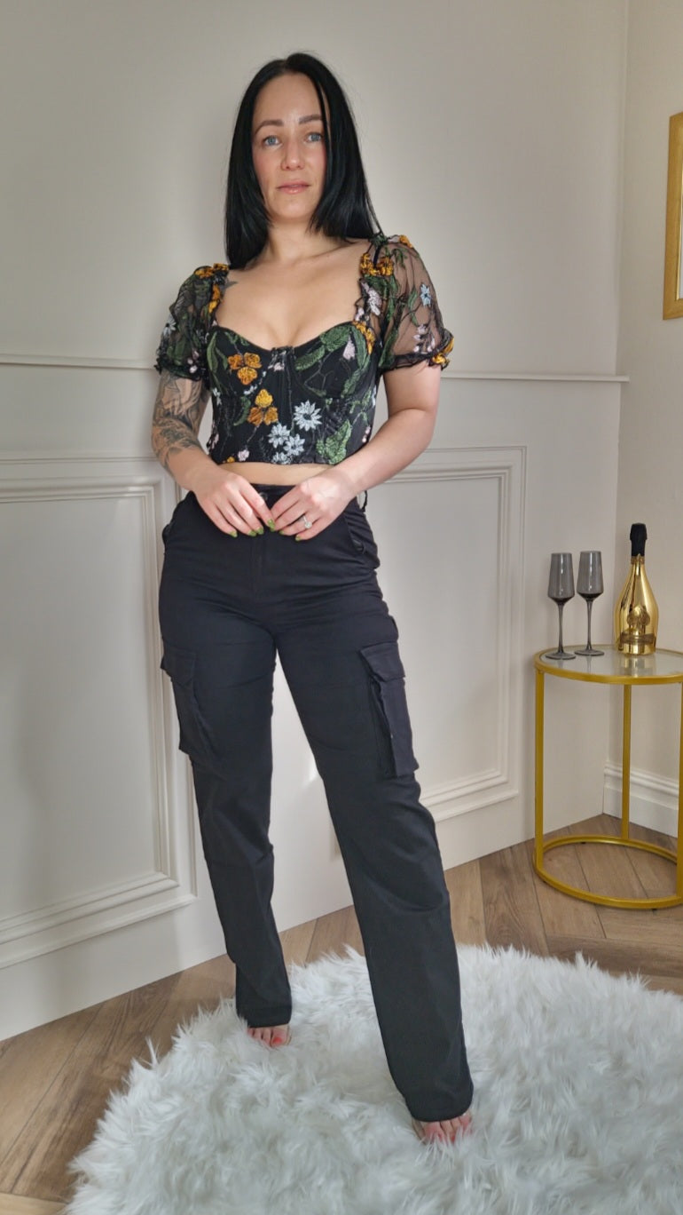 TIA - Embroided Floral Corset Top With Puff Sleeves