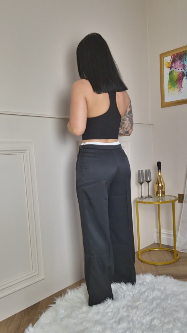 TIFFANY - White Waistband Wide Leg Trousers Black