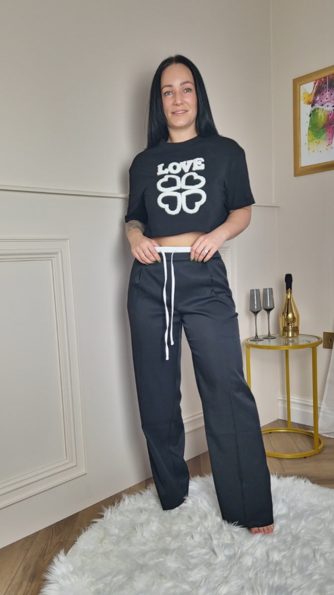 TIFFANY - White Waistband Wide Leg Trousers Black