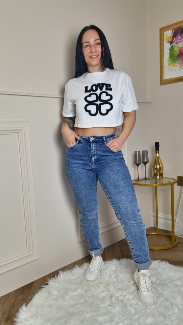 LOVE - Cropped Embroided Slogan T-Shirt White