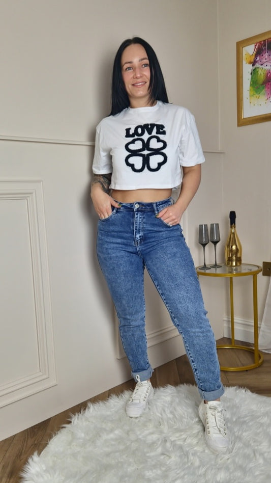LOVE - Cropped Embroided Slogan T-Shirt White