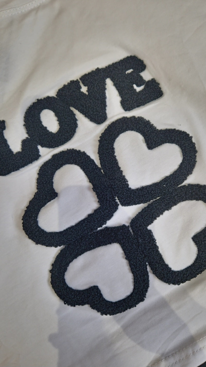 LOVE - Cropped Embroided Slogan T-Shirt White