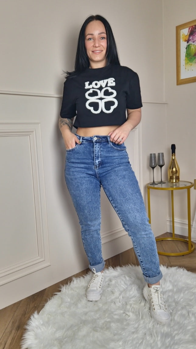 LOVE - Cropped Embroided Slogan T-Shirt Black