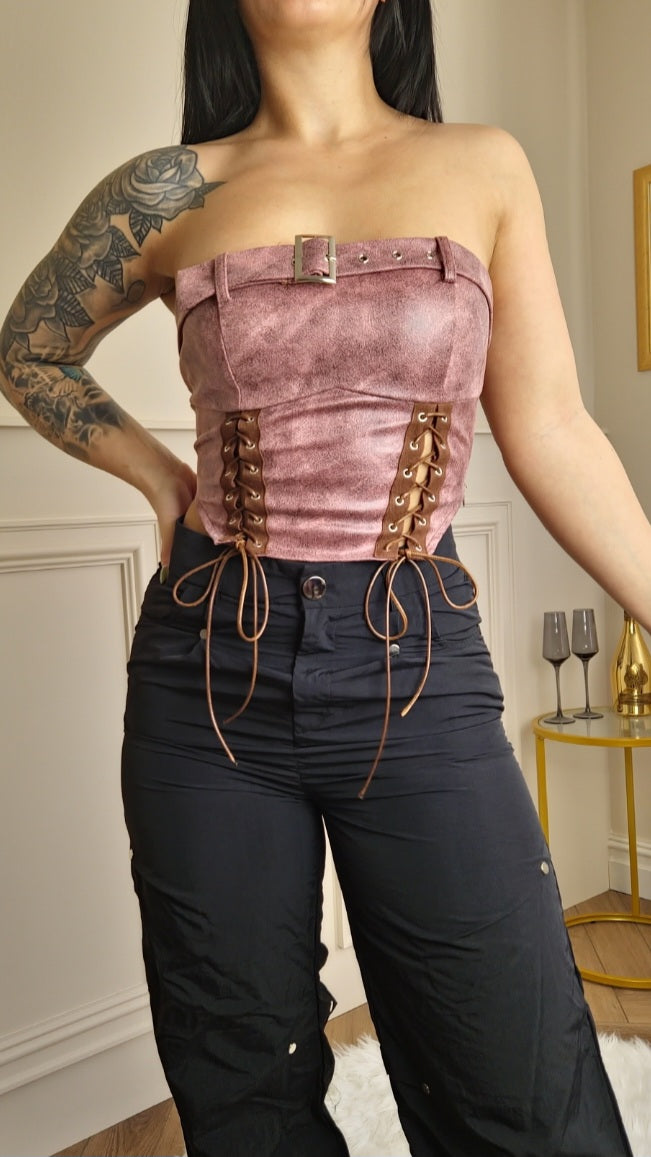 ELSIE - Faux Leather Bandeau Top Rose