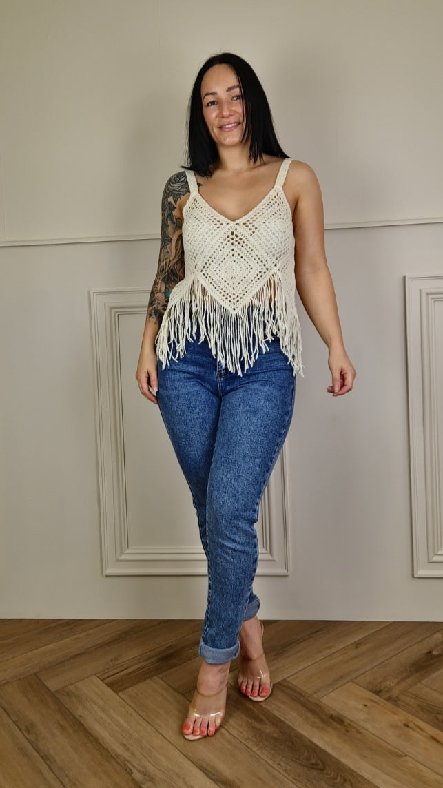 DAISY - Crochet Tassel Cami Top Cream