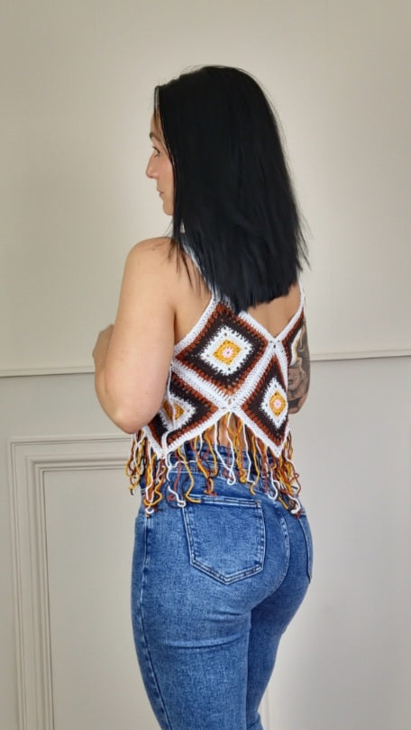DAISY - Crochet Tassel Cami Top Brown