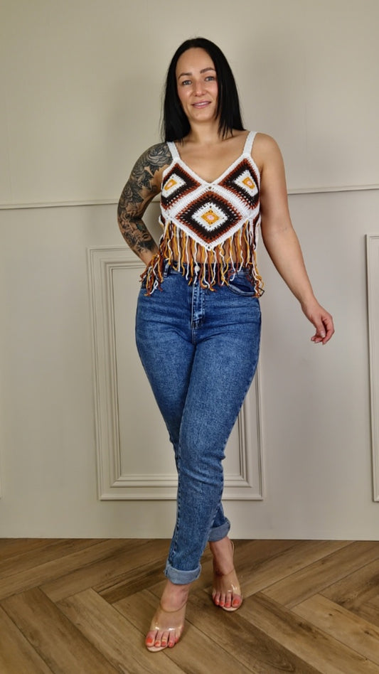 DAISY - Crochet Tassel Cami Top Brown