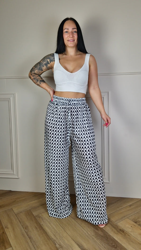 TARA - Patterned Wide Leg Trousers Black