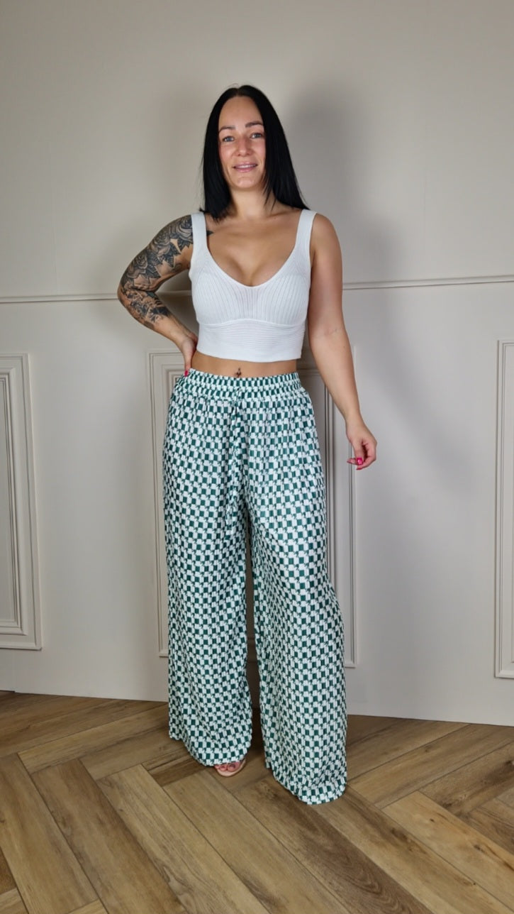 TARA - Patterned Wide Leg Trousers Green