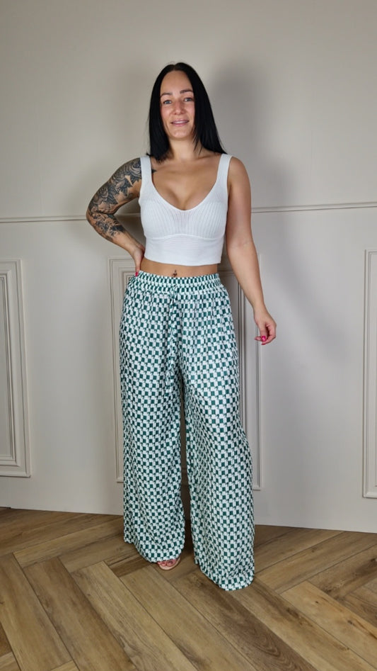 TARA - Patterned Wide Leg Trousers Green