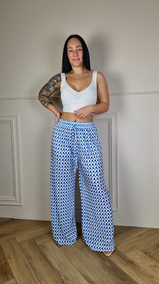 TARA - Patterned Wide Leg Trousers Blue