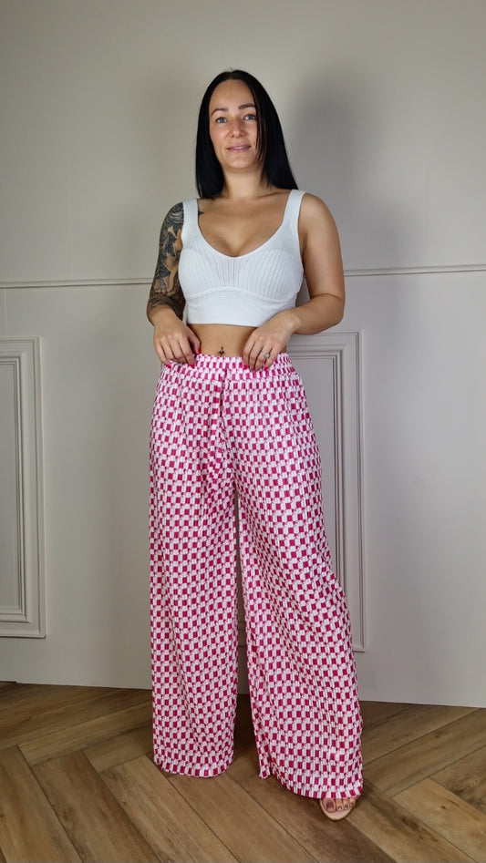 TARA - Patterned Wide Leg Trousers Pink