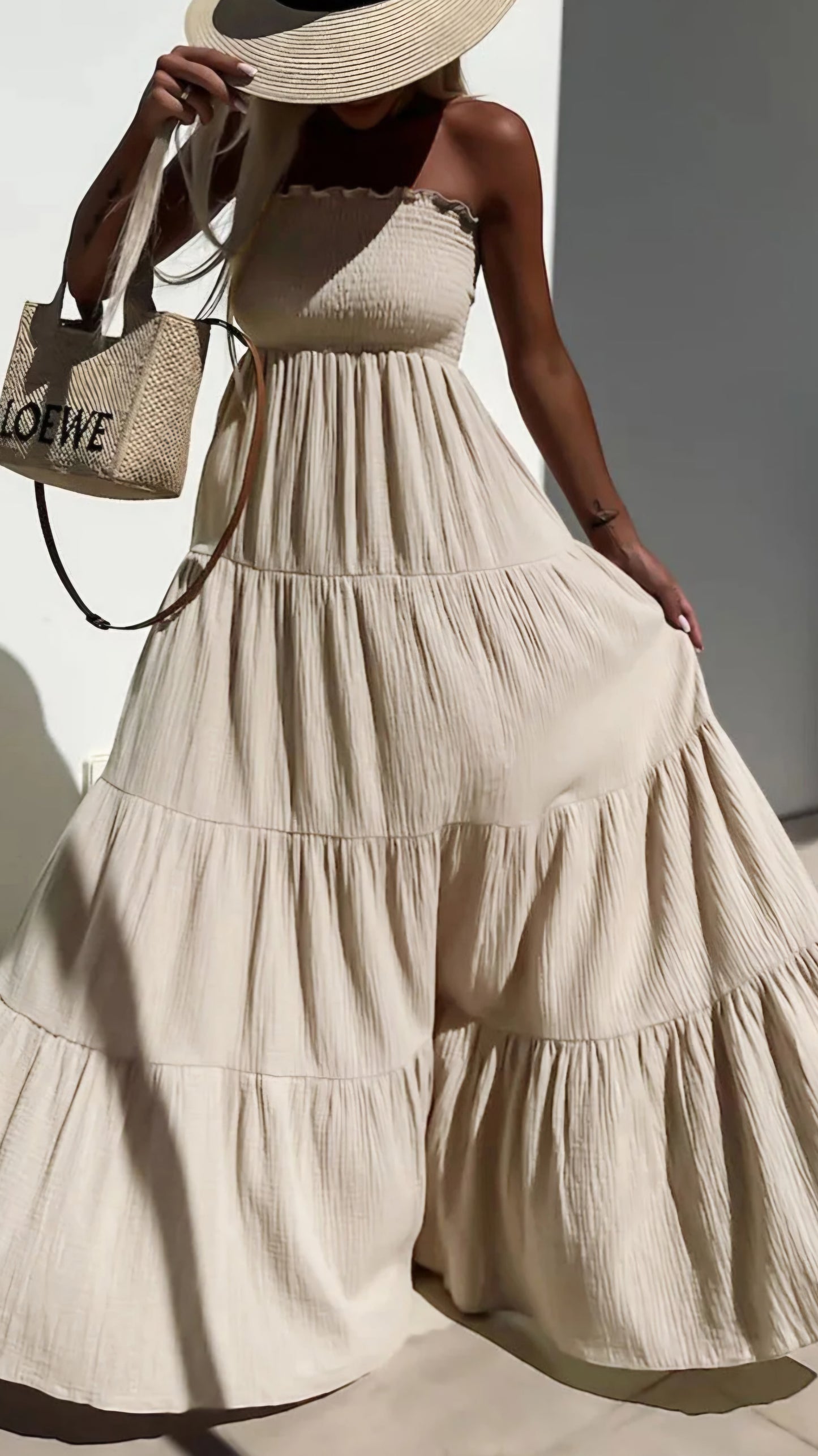 CASSIE - Shirred Bandeau Tiered Maxi Dress Stone