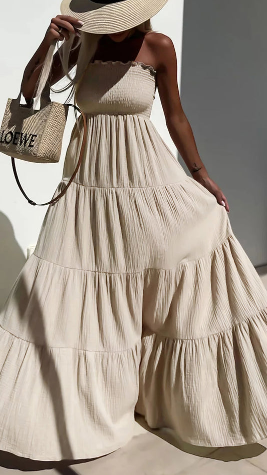 CASSIE - Shirred Bandeau Tiered Maxi Dress Stone