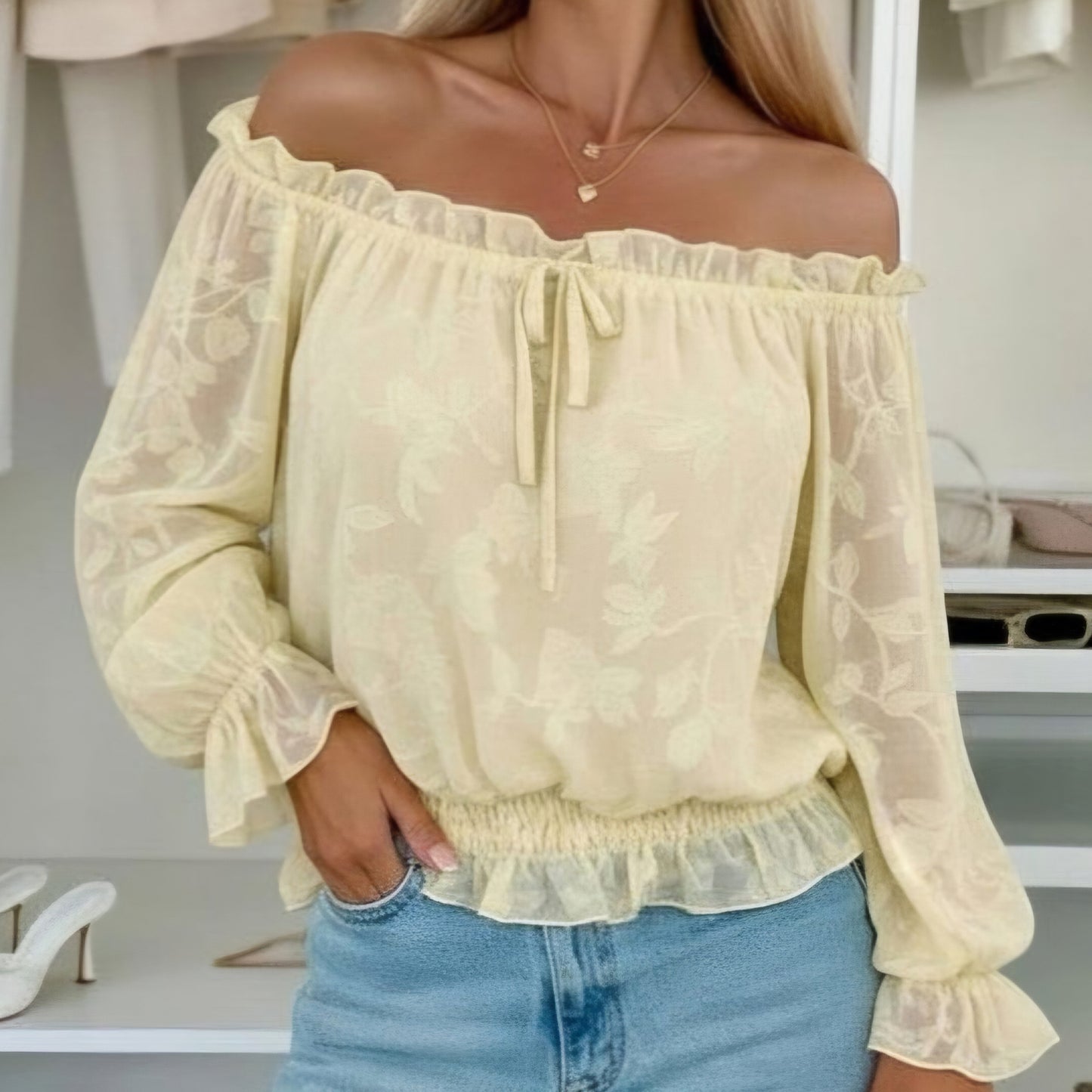 SOLEIL - Floral Textured Bardot Blouse