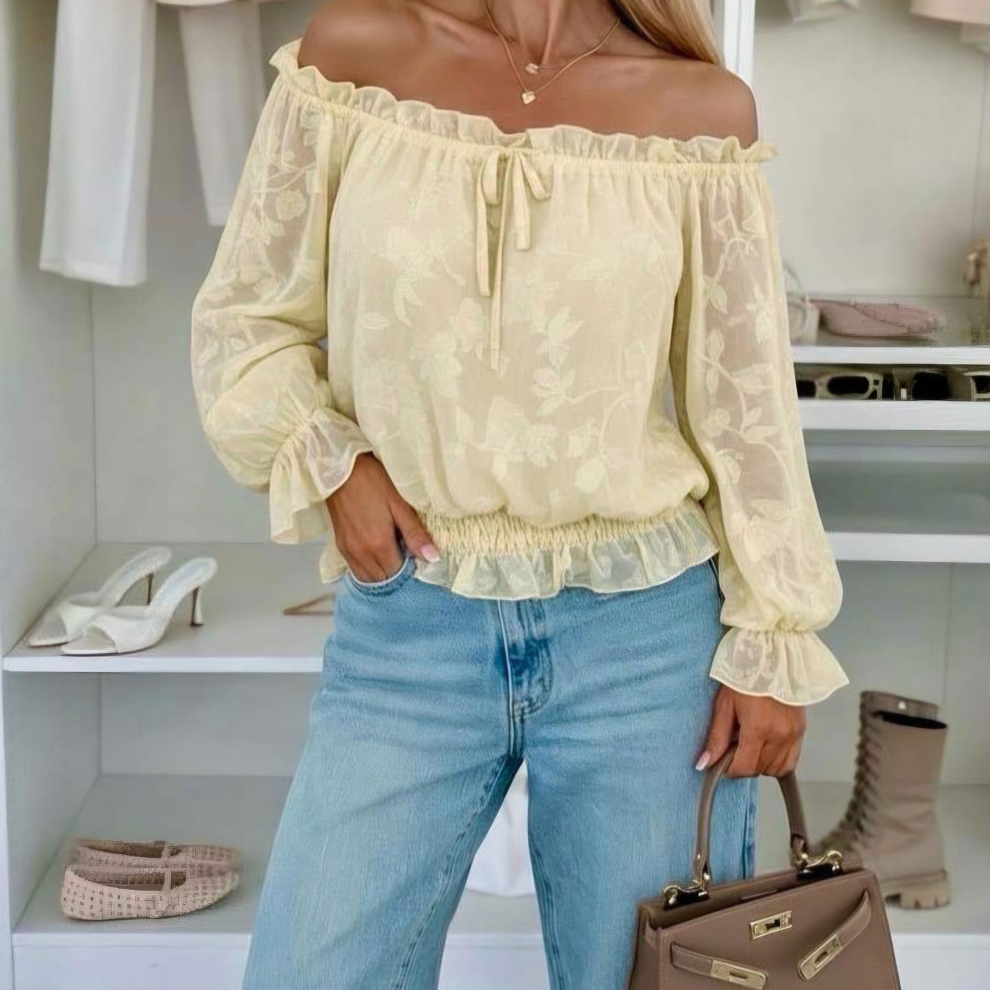 SOLEIL - Floral Textured Bardot Blouse